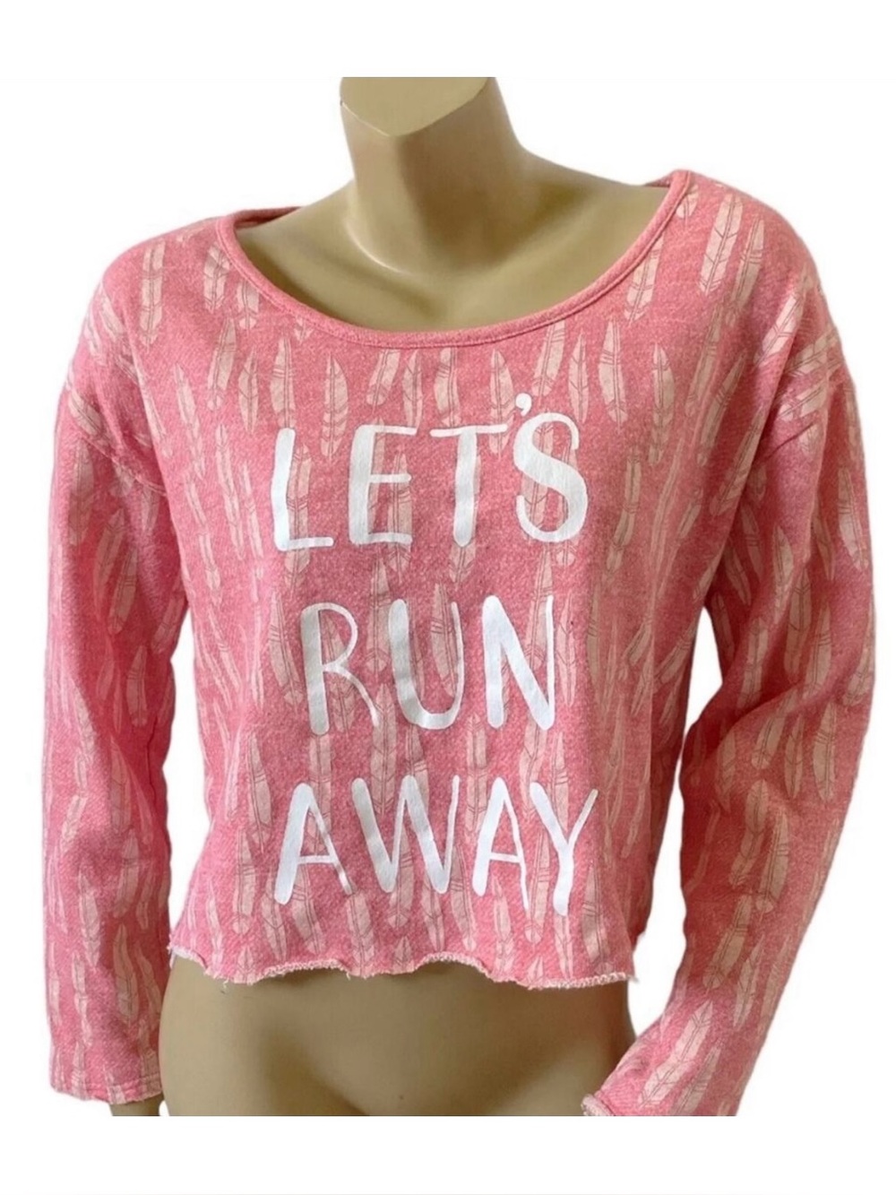 Bethany Mota Crop Top Womens XL Pink Let's Run Away Graphic Raw Hem Long Sleeve